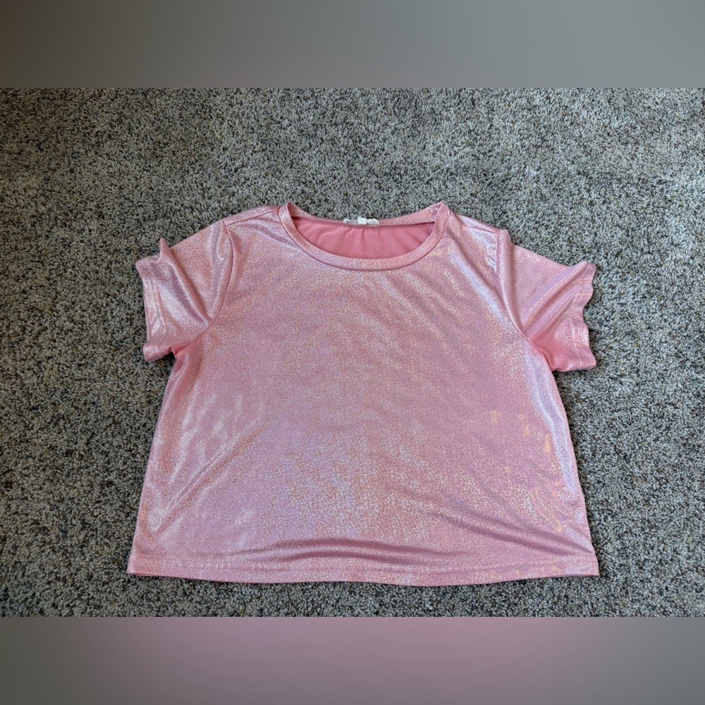 Women’s Easel Shiny Metallic Glitter Pink Short Sleeve Crop Top - Size Small